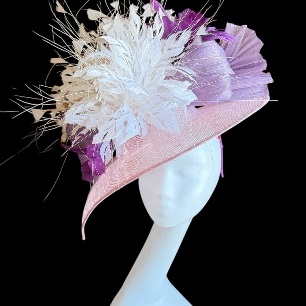 Fascinator with All the purples and some beautiful white feathers!  Easy to wear - Picture 2 of 6